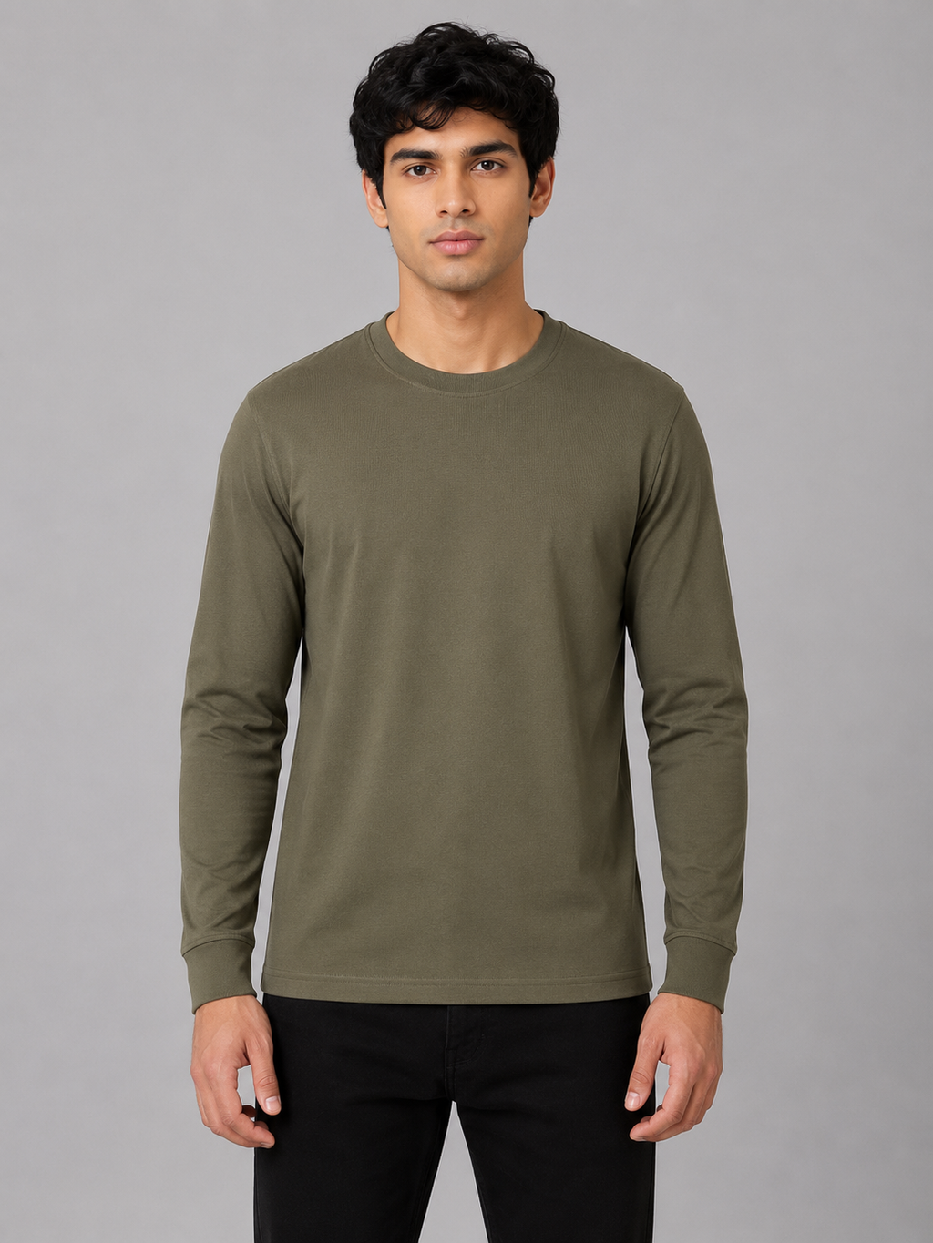 MATALINO Men's Olive Green Full Sleeve Crew Neck T-Shirt