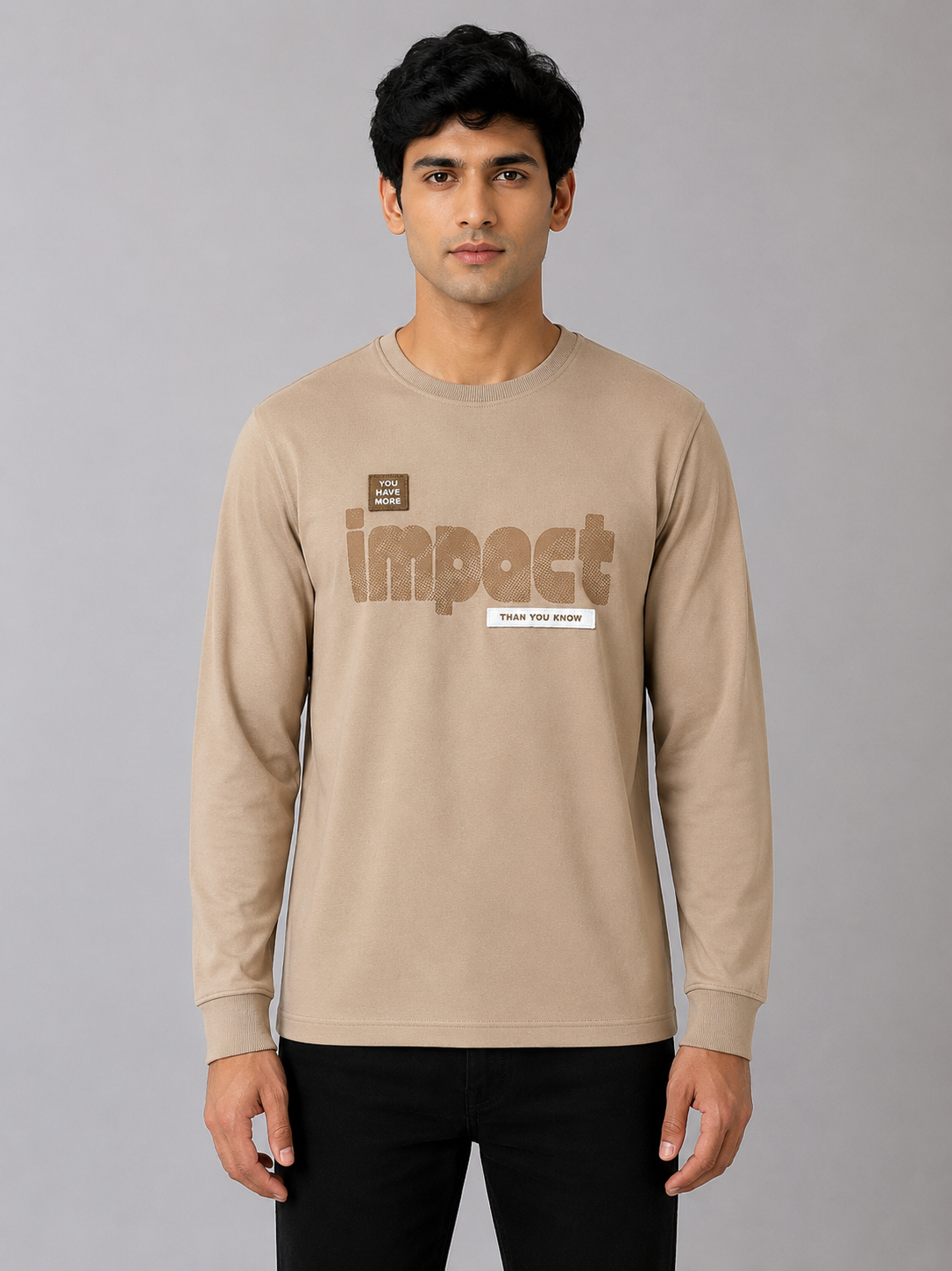 MATALINO Men's Graphic Print Full Sleeve Crew Neck T-Shirt – Beige