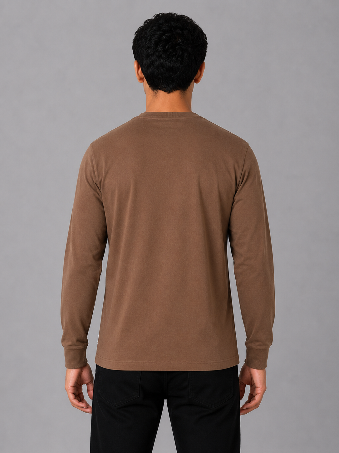 Brown "Happiness" Embroidered Full Sleeve T-Shirt