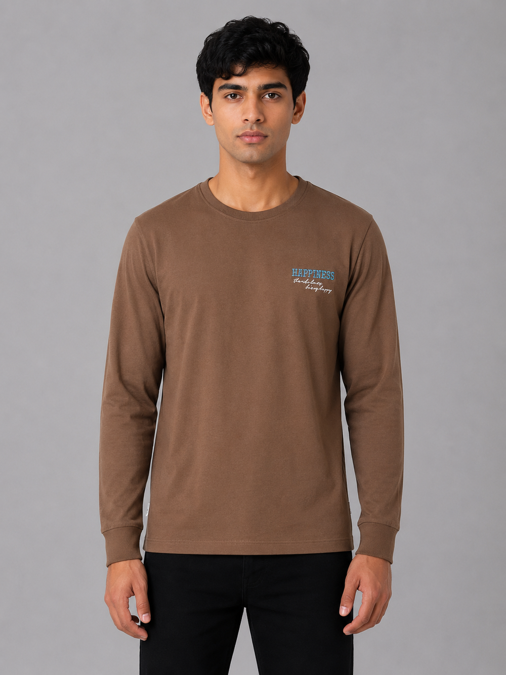 Brown "Happiness" Embroidered Full Sleeve T-Shirt