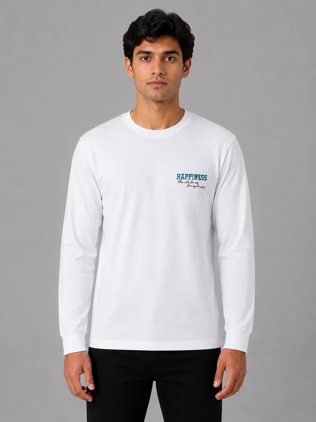 White "Happiness" Embroidered Full Sleeve T-Shirt